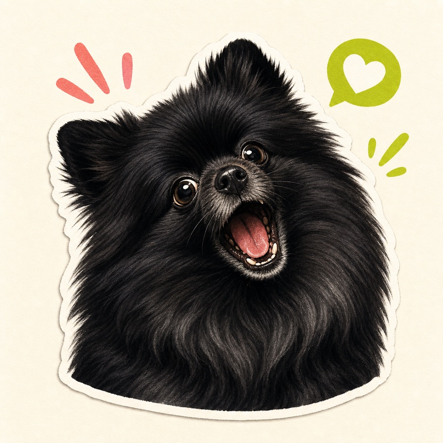 Ilustración de una pomeranian negra ladrando alegremente
